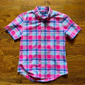 Men’s Ralph Lauren Slim Short Sleeve Button Down Casual Dress Shirt Pink Plaid M